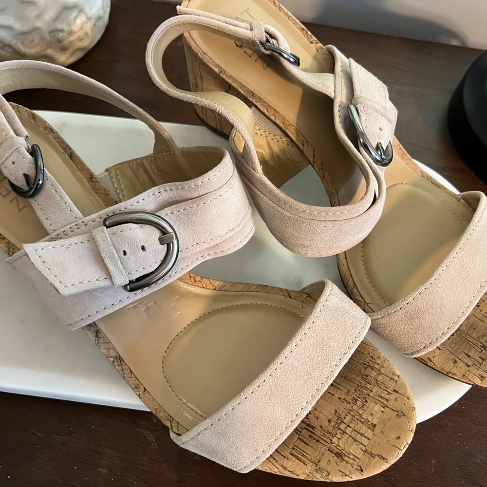 Naturalizer Beige Suede Cork Wedge Sandals with Buckle Strap